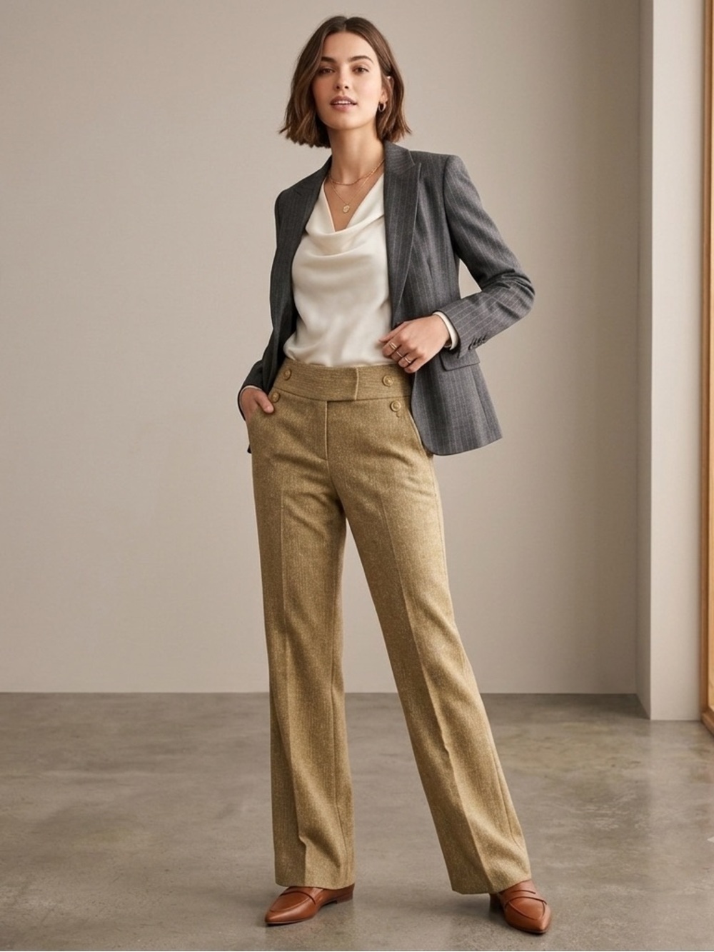 Cabi High Rise Tweed Old Money Academia Button Detail Dress Pant Size 6.